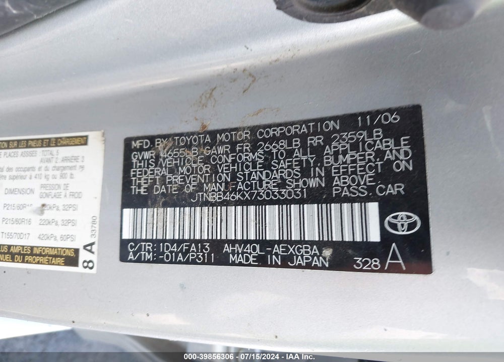 2007 TOYOTA CAMRY HYBRID VIN: JTNBB46KX73033031