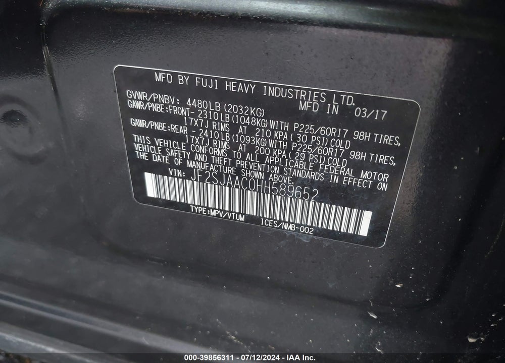 2017 SUBARU FORESTER 2.5I VIN: JF2SJAAC0HH589652