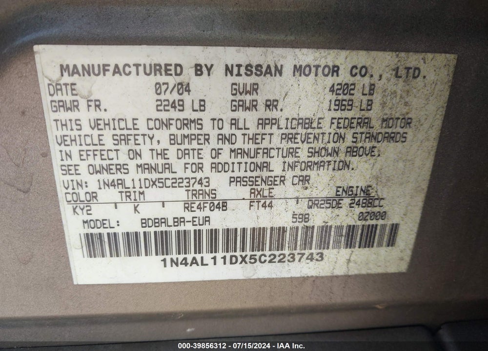 2005 NISSAN ALTIMA 2.5 S VIN: 1N4AL11DX5C223743