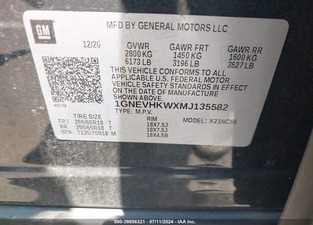2021 CHEVROLET TRAVERSE AWD LT LEATHER VIN: 1GNEVHKWXMJ135582
