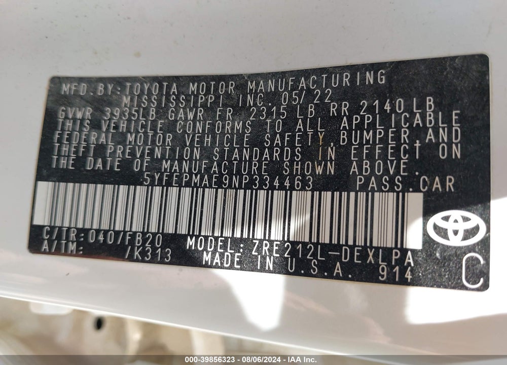 2022 TOYOTA COROLLA LE VIN: 5YFEPMAE9NP334463