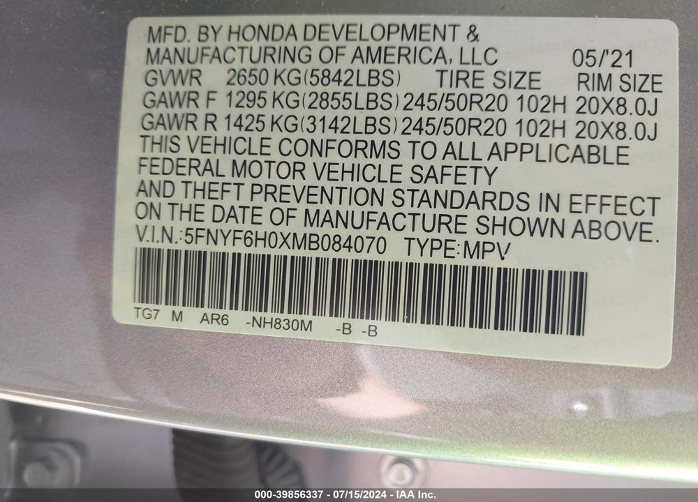 2021 HONDA PILOT AWD ELITE VIN: 5FNYF6H0XMB084070