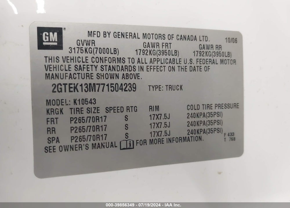 2007 GMC SIERRA 1500 SLT VIN: 2GTEK13M771504239