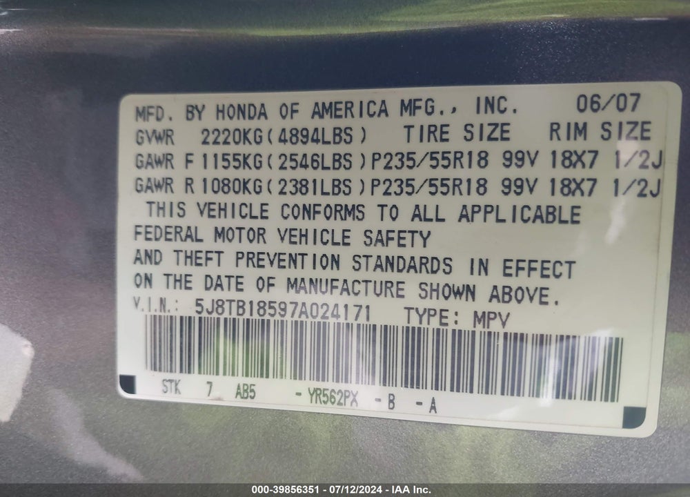 2007 ACURA RDX VIN: 5J8TB18597A024171