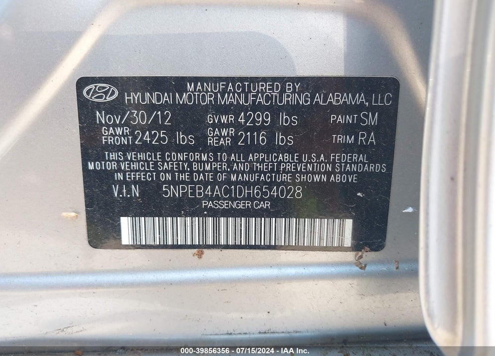 2013 HYUNDAI SONATA GLS VIN: 5NPEB4AC1DH654028