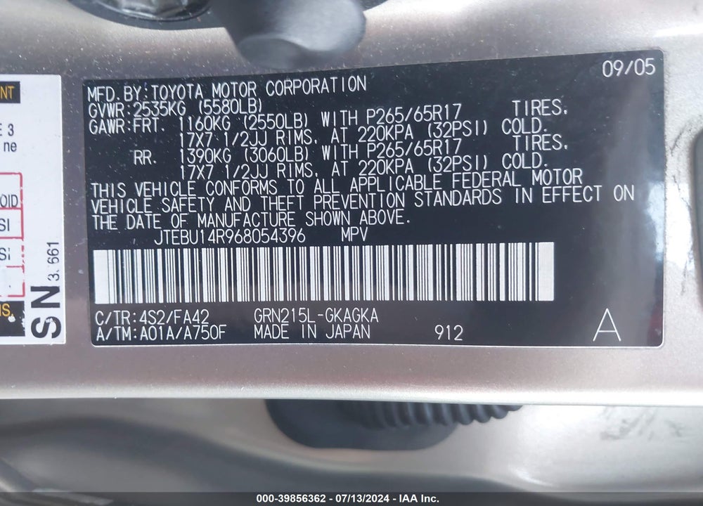 2006 TOYOTA 4RUNNER SR5 V6 VIN: JTEBU14R968054396