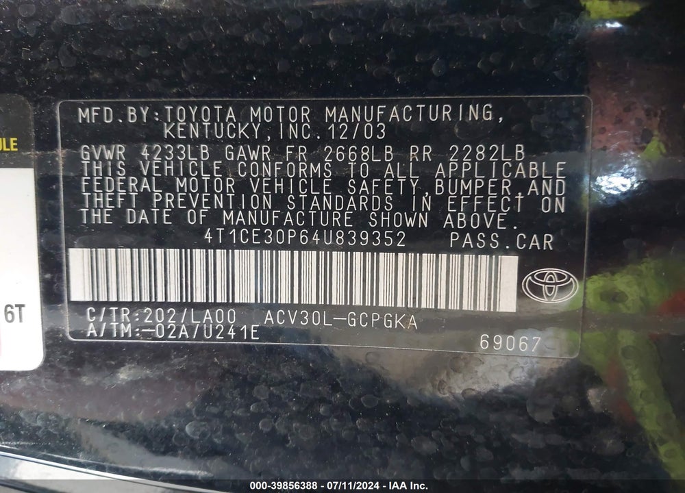 2004 TOYOTA CAMRY SOLARA SLE VIN: 4T1CE30P64U839352