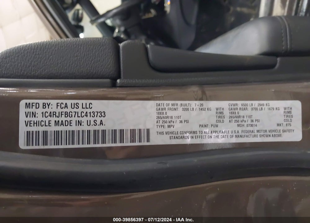 2020 JEEP GRAND CHEROKEE LIMITED 4X4 VIN: 1C4RJFBG7LC413733