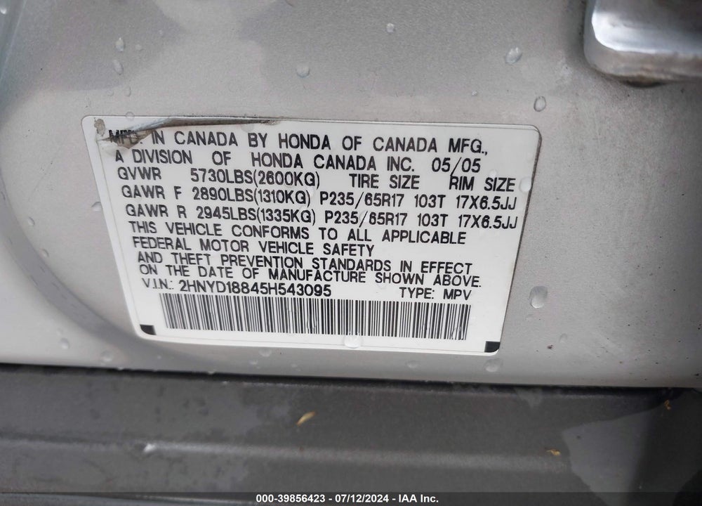2005 ACURA MDX VIN: 2HNYD18845H543095