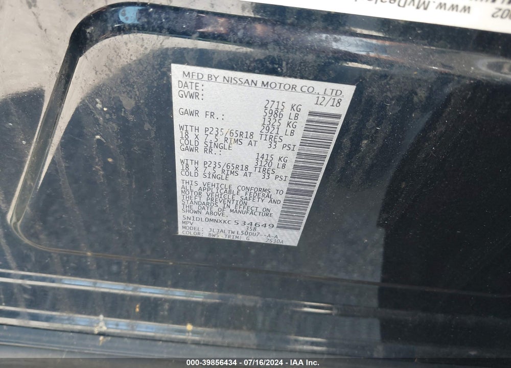 2019 INFINITI QX60 LUXE VIN: 5N1DL0MNXKC534649