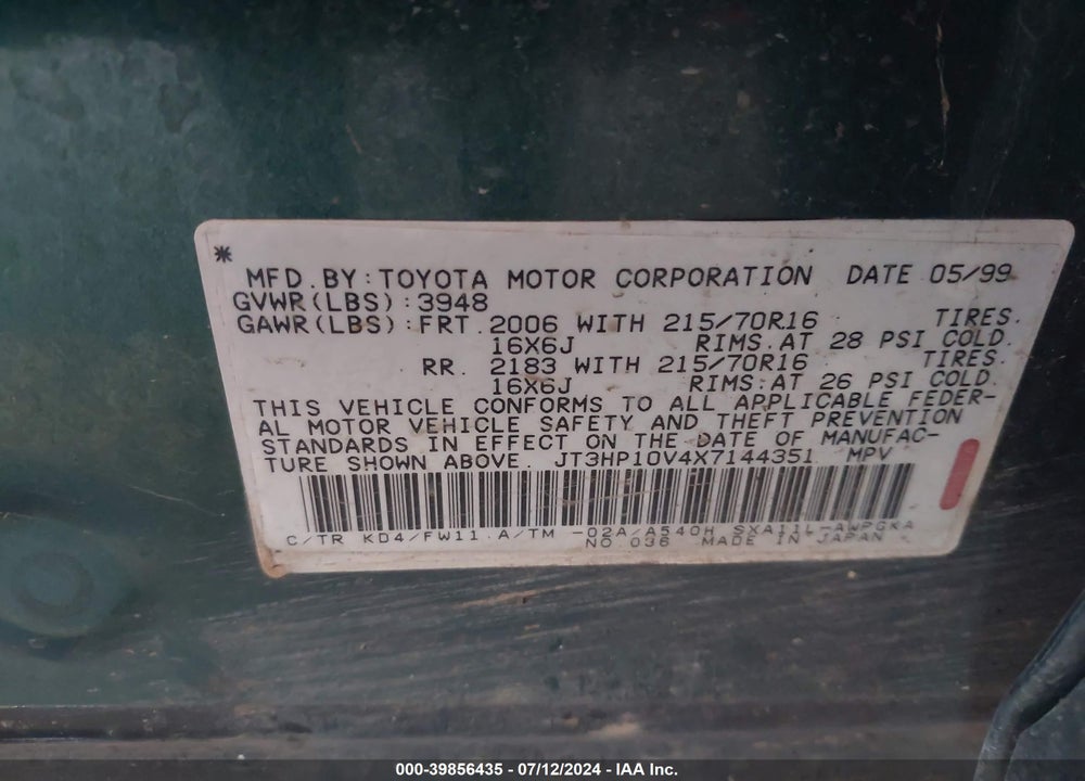 1999 TOYOTA RAV4 VIN: JT3HP10V4X7144351