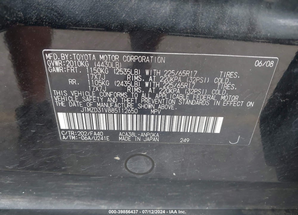2008 TOYOTA RAV4 VIN: JTMZD31V885112650
