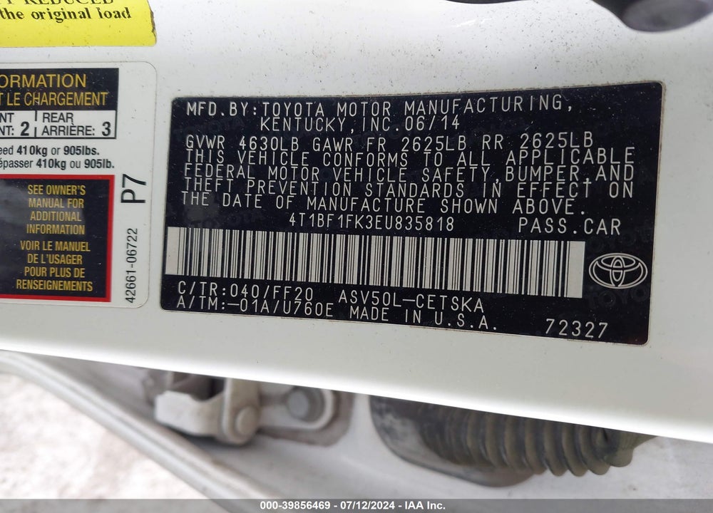 2014 TOYOTA CAMRY SE VIN: 4T1BF1FK3EU835818