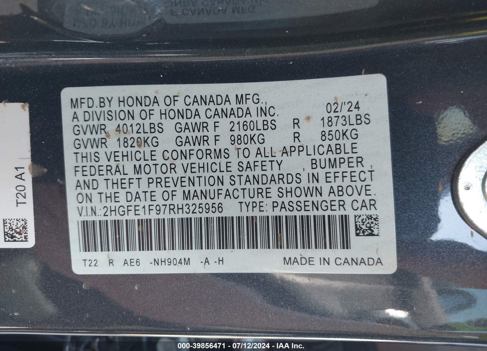 2024 HONDA CIVIC TOURING VIN: 2HGFE1F97RH325956