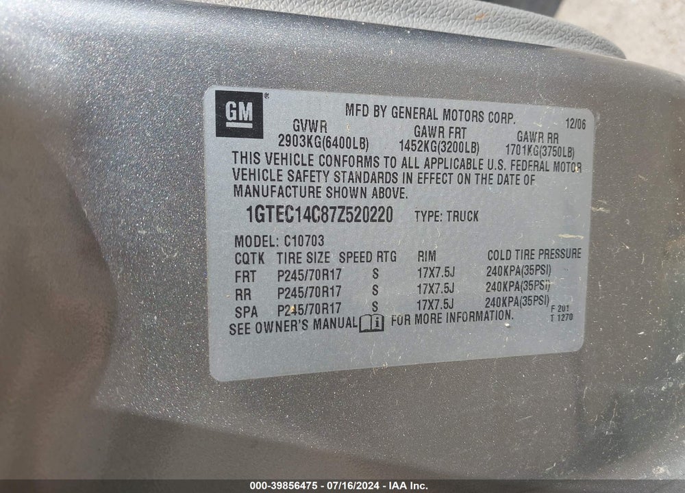 2007 GMC SIERRA 1500 WORK TRUCK VIN: 1GTEC14C87Z520220