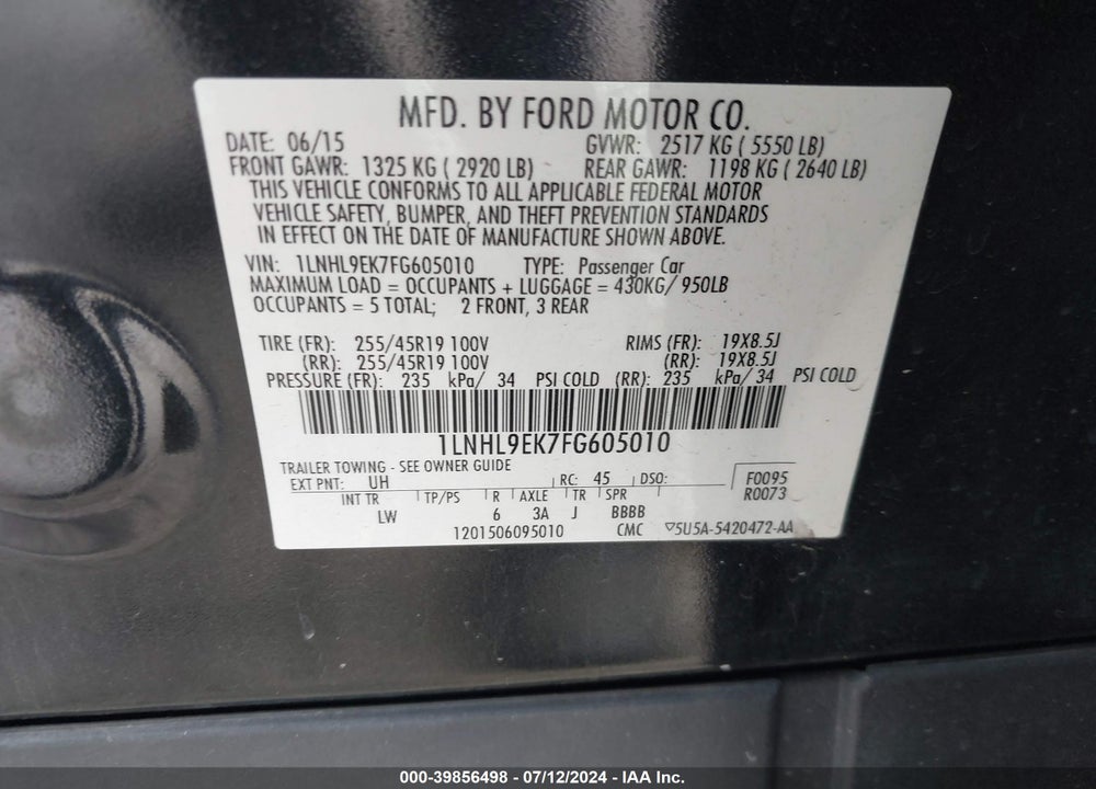 2015 LINCOLN MKS VIN: 1LNHL9EK7FG605010