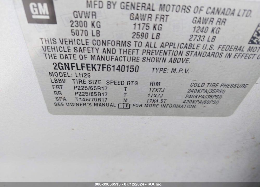 2015 CHEVROLET EQUINOX 1LT VIN: 2GNFLFEK7F6140150
