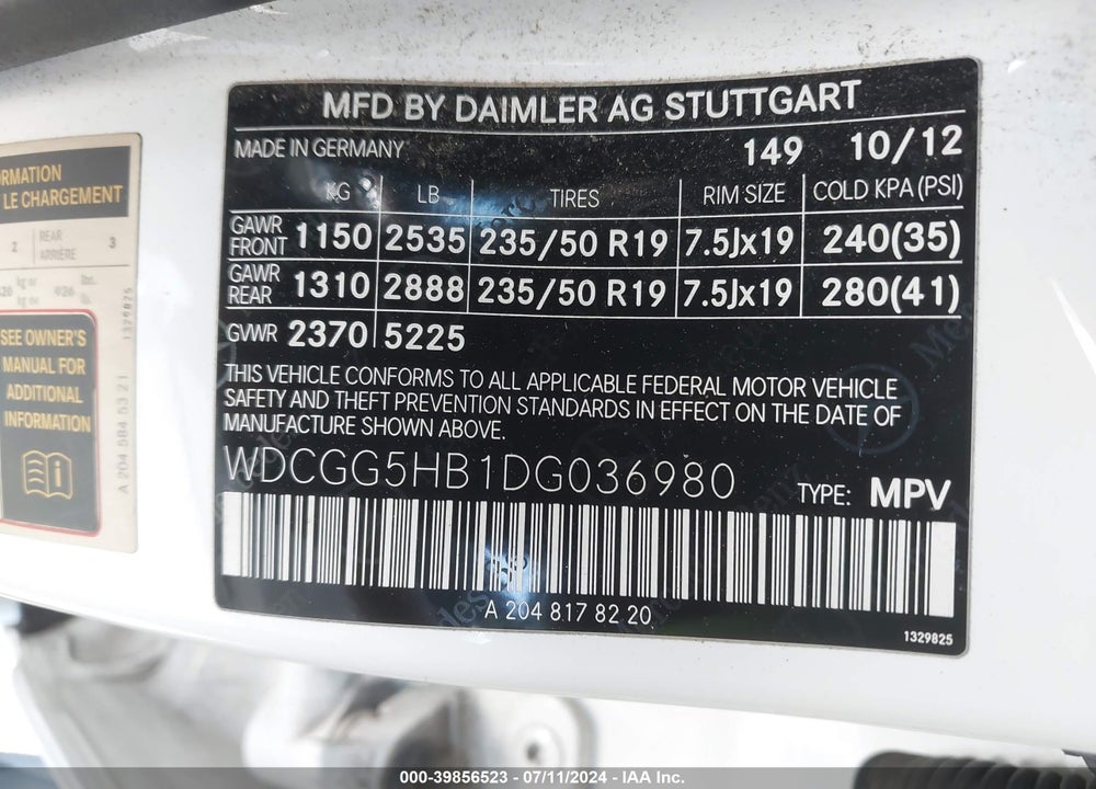 2013 MERCEDES-BENZ GLK 350 VIN: WDCGG5HB1DG036980