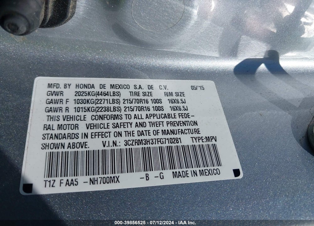 2015 HONDA CR-V LX VIN: 3CZRM3H37FG710281