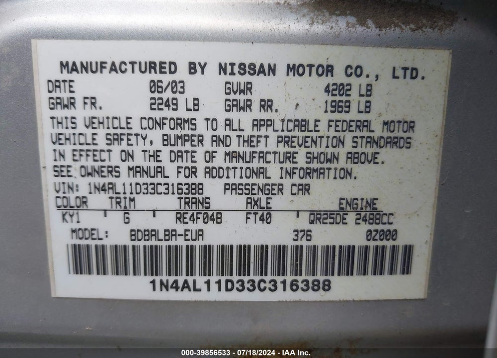 2003 NISSAN ALTIMA 2.5 S VIN: 1N4AL11D33C316388