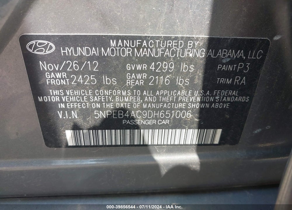 2013 HYUNDAI SONATA VIN: 5NPEB4AC9DH651006