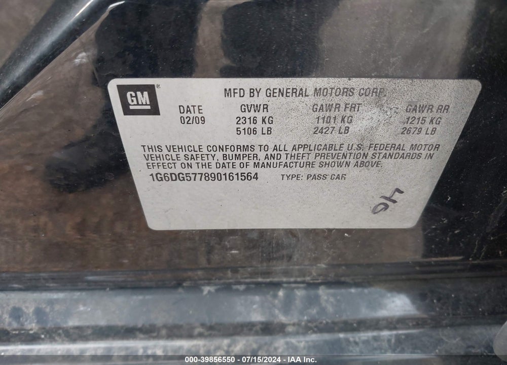 2009 CADILLAC CTS STANDARD VIN: 1G6DG577890161564