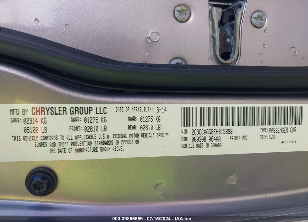 2014 CHRYSLER 300 VIN: 2C3CCAAG8EH315898