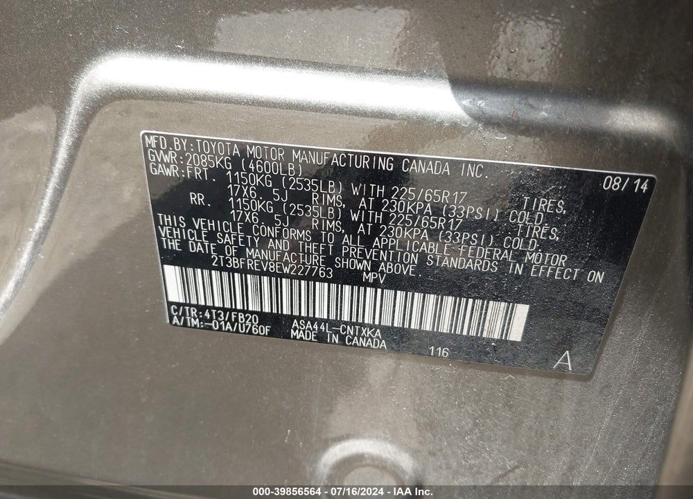 2014 TOYOTA RAV4 VIN: 2T3BFREV8EW227763
