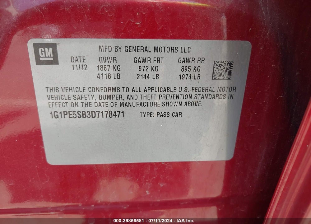 2013 CHEVROLET CRUZE 2LT AUTO VIN: 1G1PE5SB3D7178471