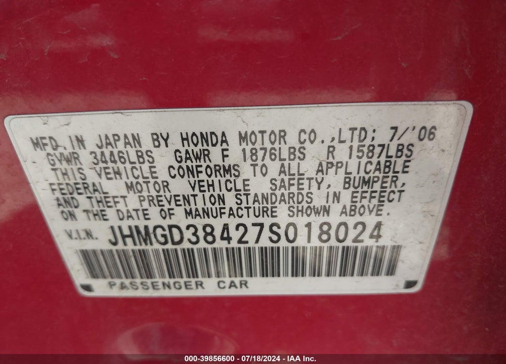 2007 HONDA FIT VIN: JHMGD38427S018024
