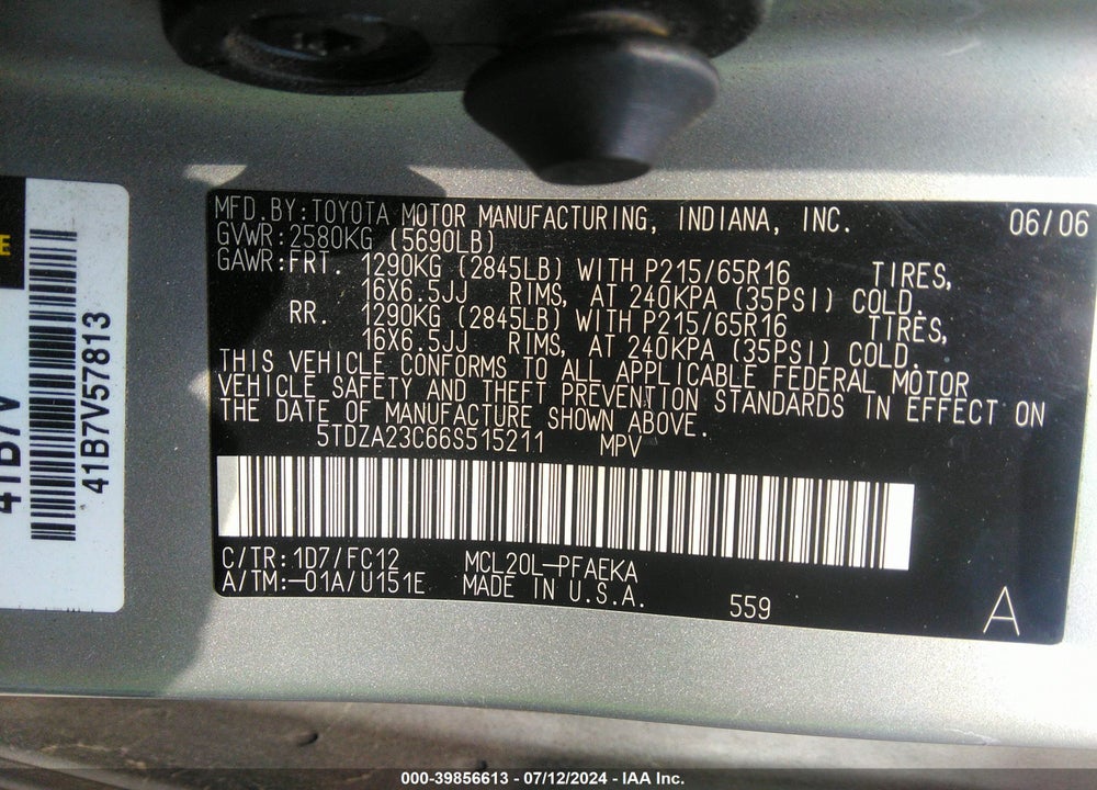 2006 TOYOTA SIENNA LE VIN: 5TDZA23C66S515211