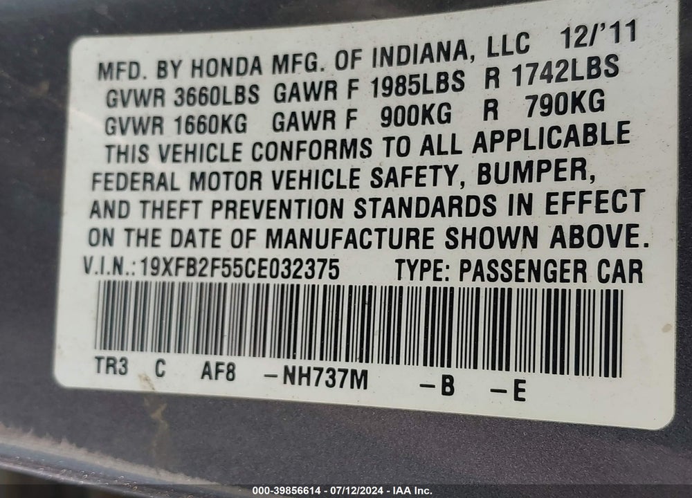 2012 HONDA CIVIC LX VIN: 19XFB2F55CE032375