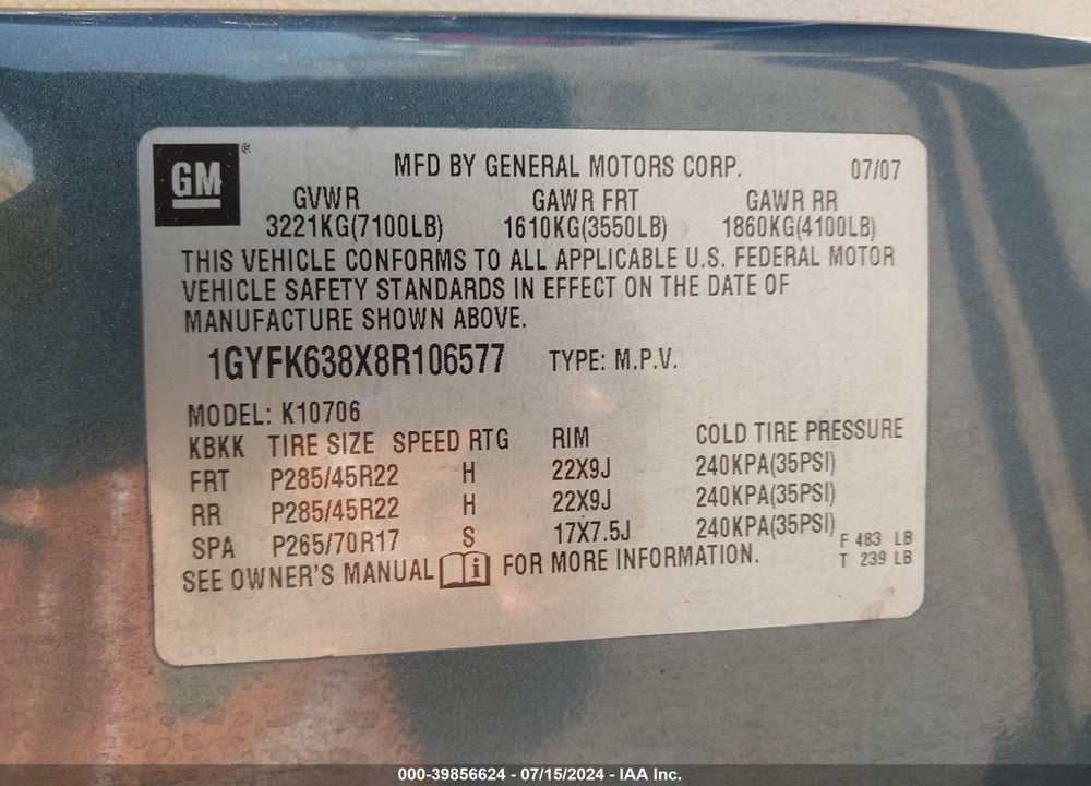 2008 CADILLAC ESCALADE STANDARD VIN: 1GYFK638X8R106577
