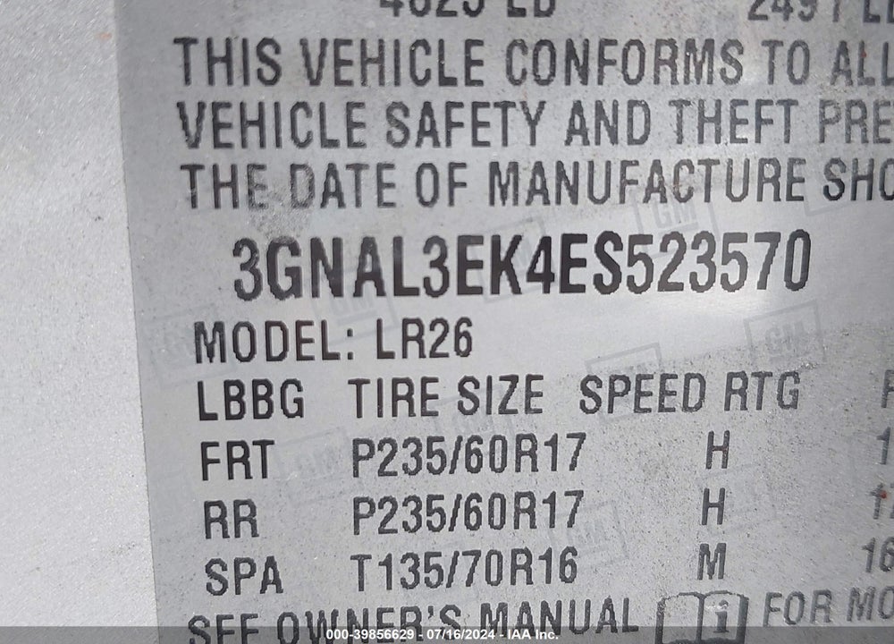 2014 CHEVROLET CAPTIVA SPORT LT VIN: 3GNAL3EK4ES523570