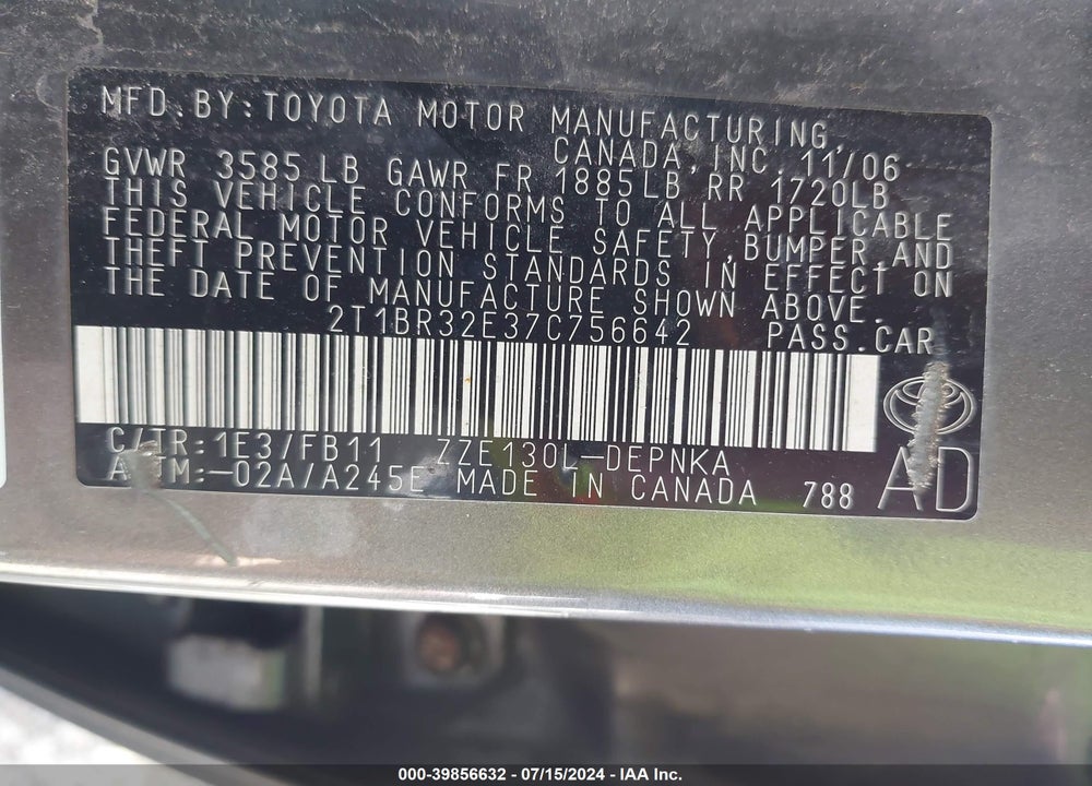 2007 TOYOTA COROLLA LE VIN: 2T1BR32E37C756642
