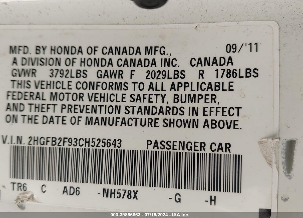 2012 HONDA CIVIC EX-L VIN: 2HGFB2F93CH525643