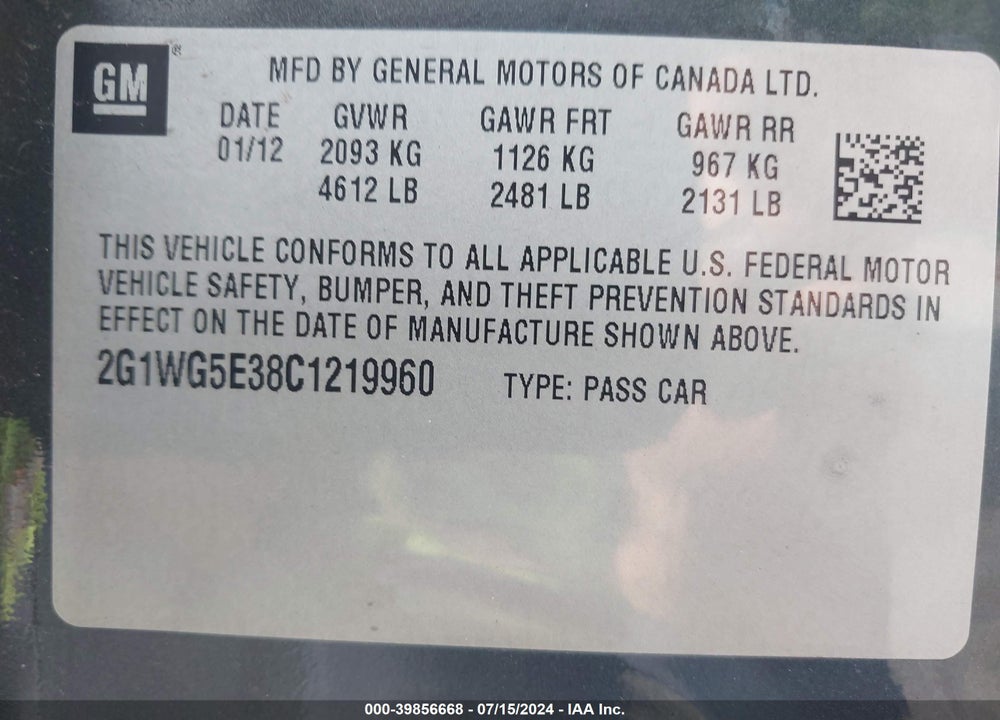 2012 CHEVROLET IMPALA LT VIN: 2G1WG5E38C1219960