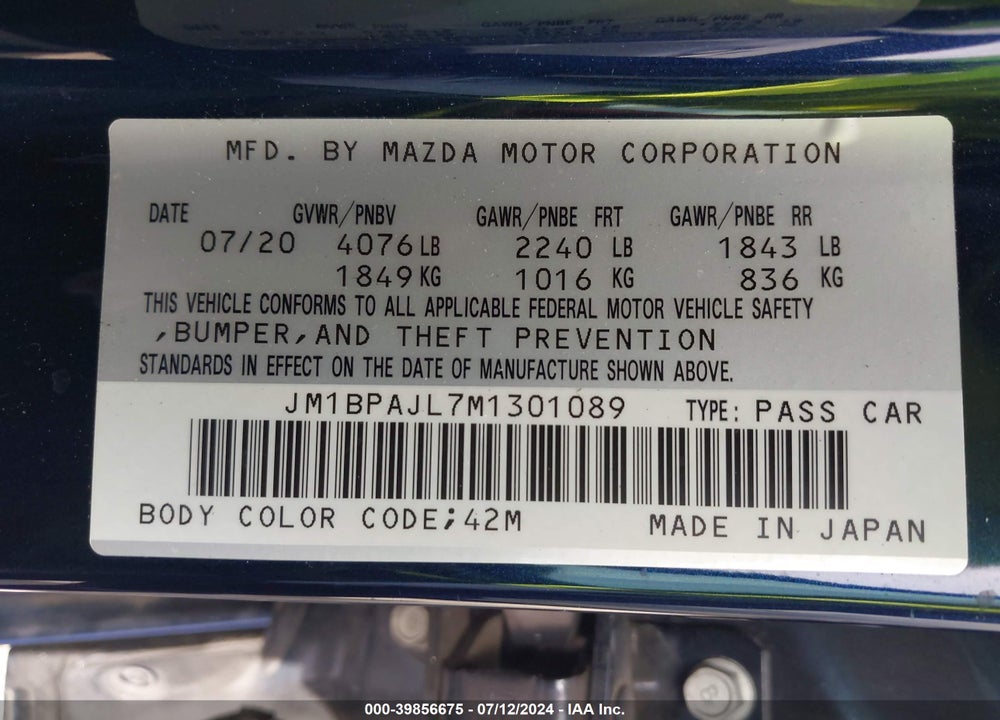 2021 MAZDA 3 2.5 S VIN: JM1BPAJL7M1301089