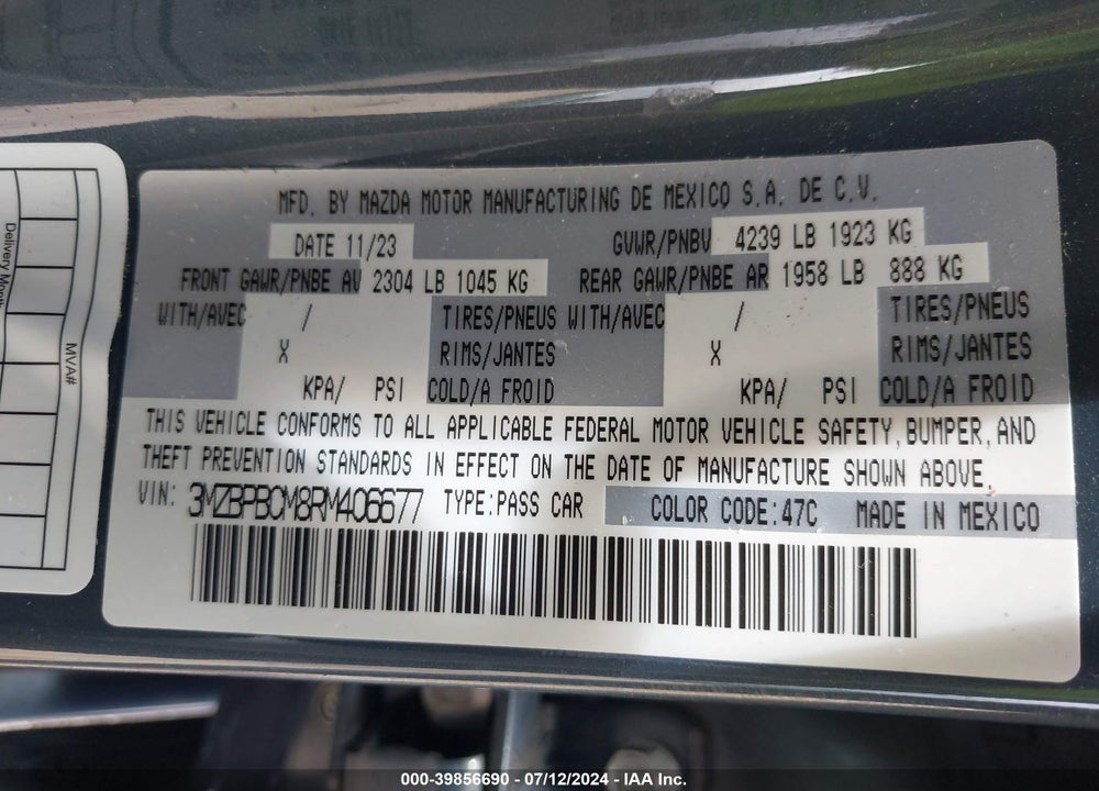 2024 MAZDA 3 2.5 S CARBON EDITION VIN: 3MZBPBCM8RM406677
