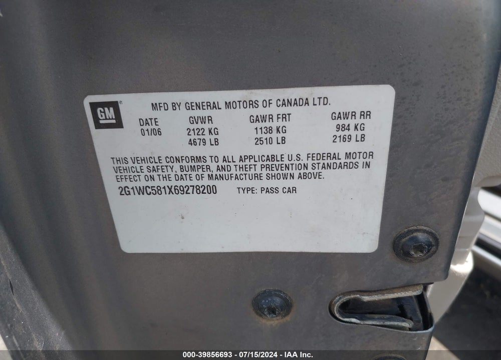 2006 CHEVROLET IMPALA LT VIN: 2G1WC581X69278200