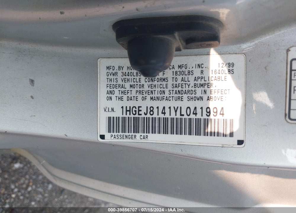2000 HONDA CIVIC EX VIN: 1HGEJ8141YL041994