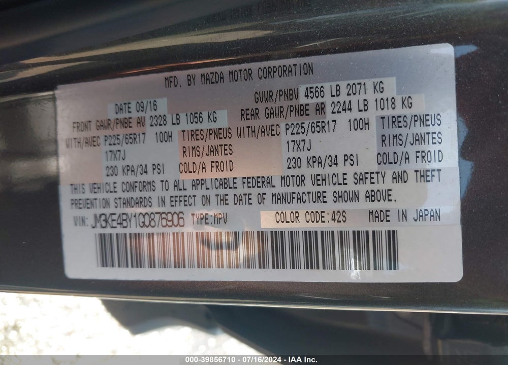 2016 MAZDA CX-5 SPORT VIN: JM3KE4BY1G0876906