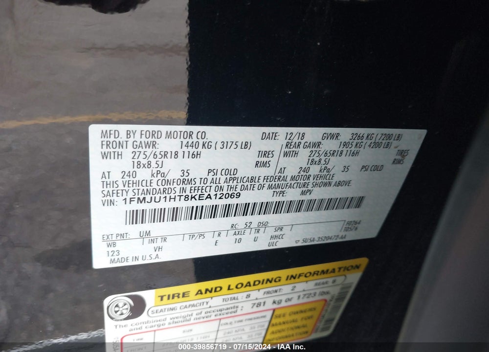 2019 FORD EXPEDITION XLT VIN: 1FMJU1HT8KEA12069