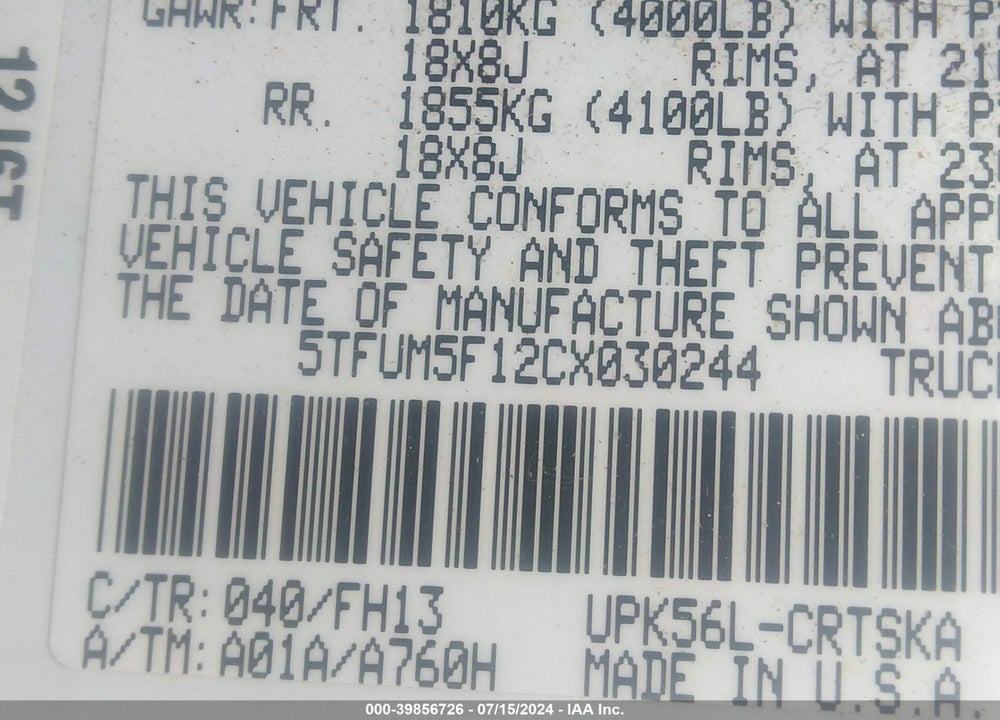 2012 TOYOTA TUNDRA GRADE 4.6L V8 VIN: 5TFUM5F12CX030244