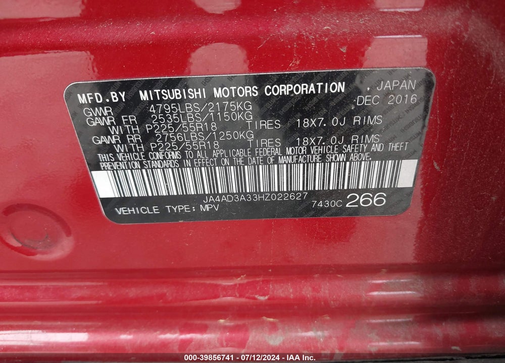 2017 MITSUBISHI OUTLANDER VIN: JA4AD3A33HZ022627