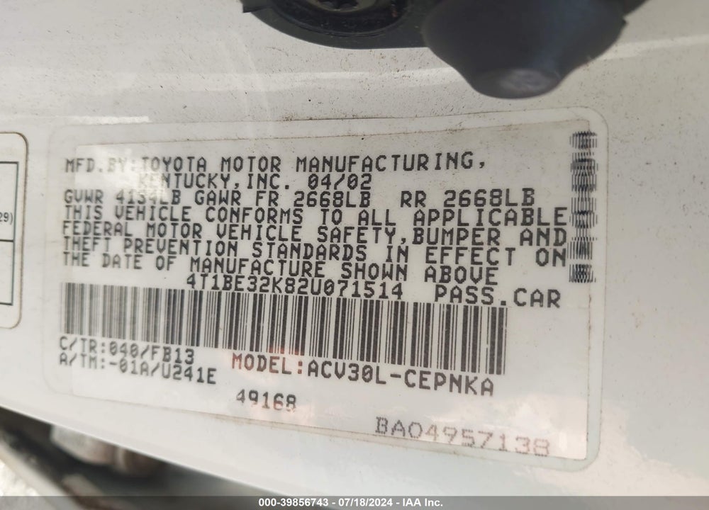2002 TOYOTA CAMRY LE VIN: 4T1BE32K82U071514