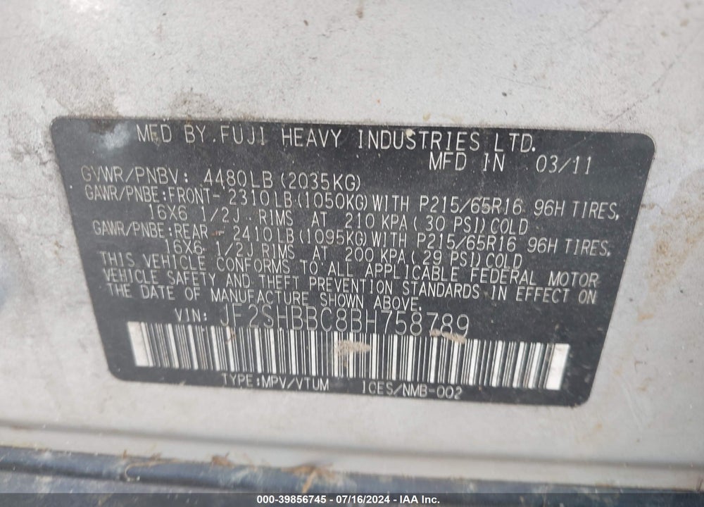 2011 SUBARU FORESTER 2.5X VIN: JF2SHBBC8BH758789