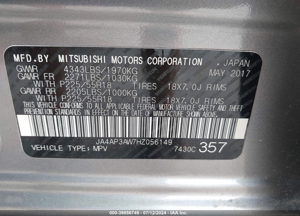 2017 MITSUBISHI OUTLANDER SPORT 2.4 SE VIN: JA4AP3AW7HZ056149