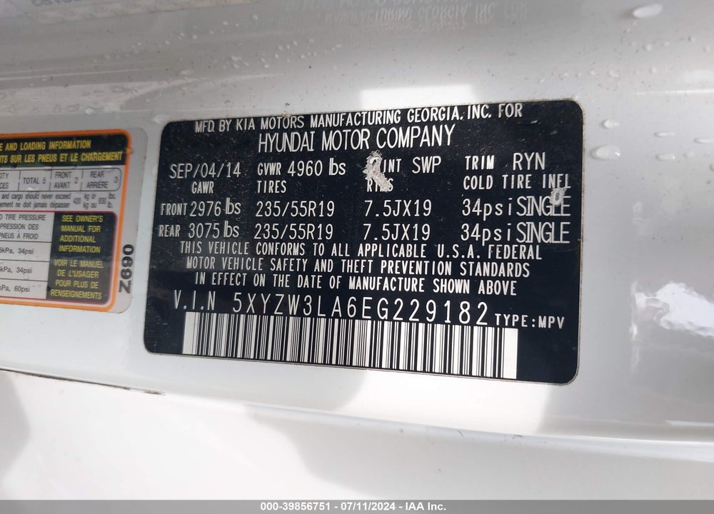2014 HYUNDAI SANTA FE SPORT VIN: 5XYZW3LA6EG229182