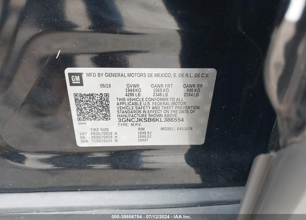 2019 CHEVROLET TRAX LS VIN: 3GNCJKSB6KL386554